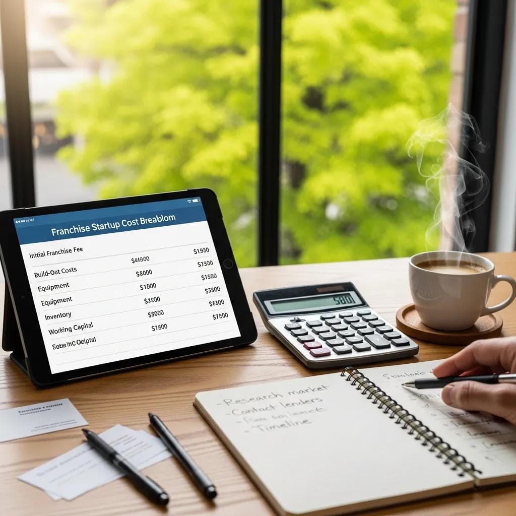 Franchise startup cost breakdown displayed on a tablet alongside financial planning tools, including a calculator and a notepad with notes, emphasizing financing options for franchise ownership in Tampa.