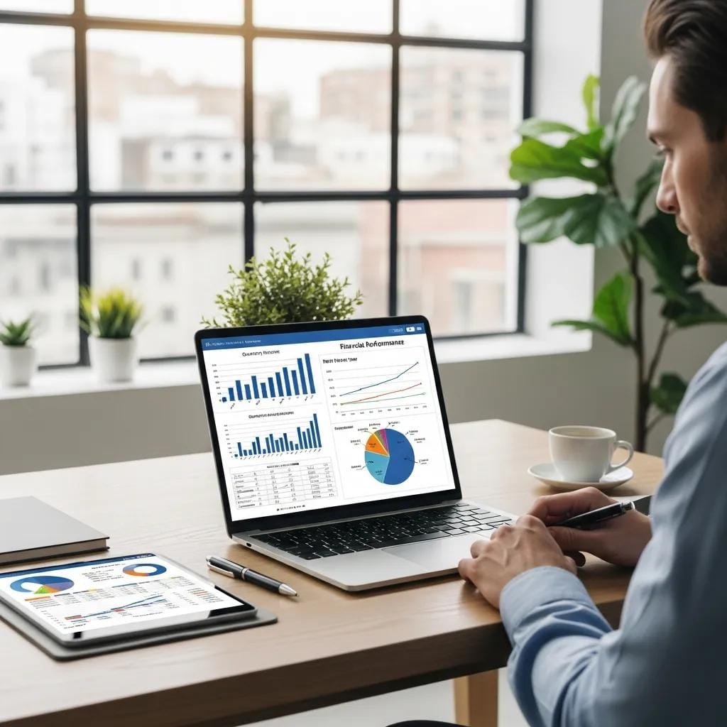 Franchisee analyzing financial performance representations on a laptop in a modern workspace