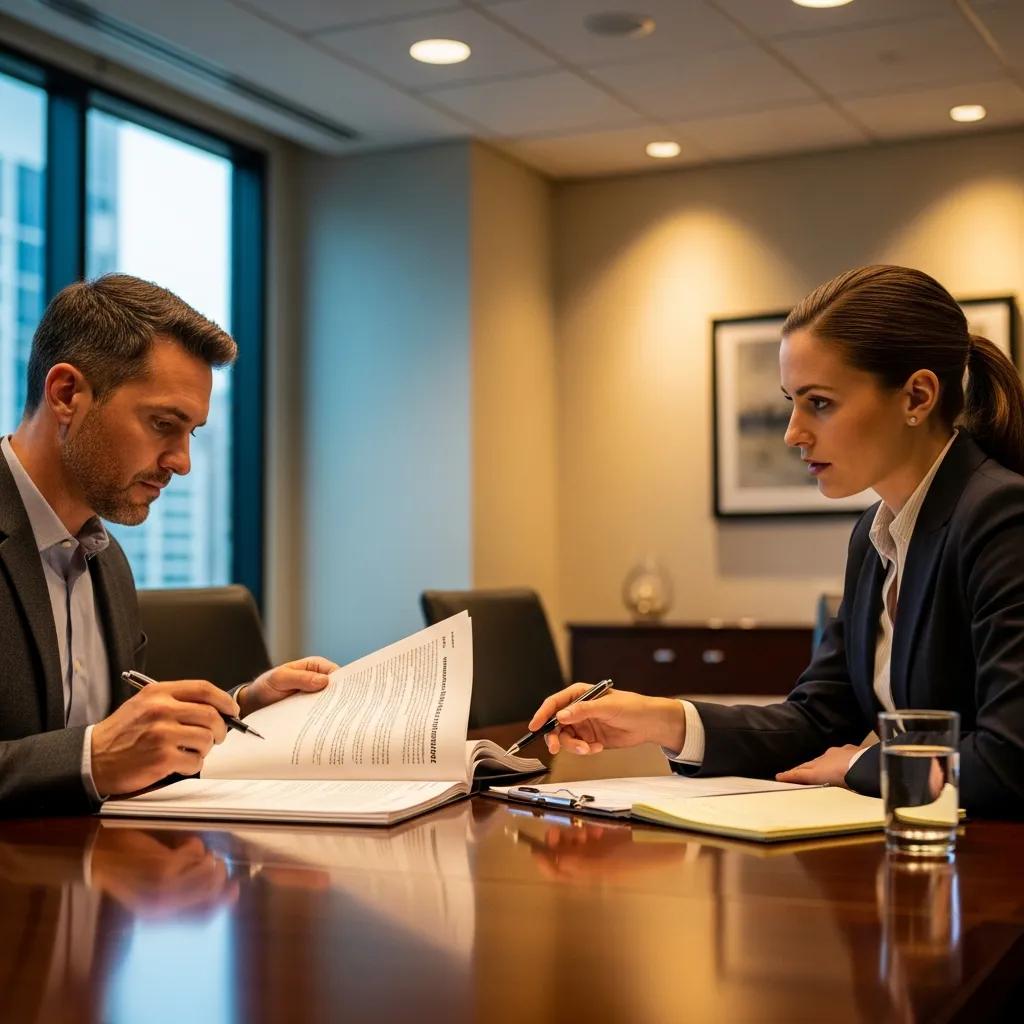 Franchisee and attorney reviewing and negotiating a franchise agreement in a conference room