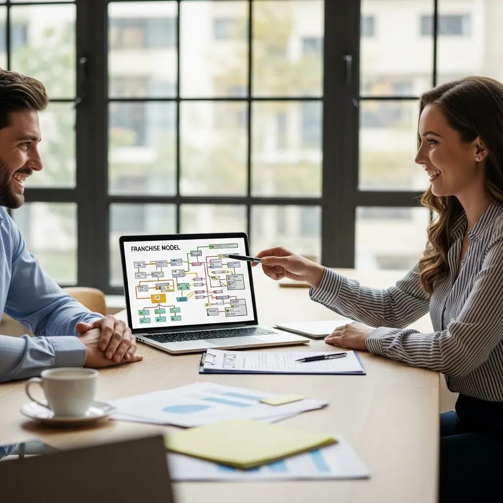Franchisor and franchisee in a planning meeting