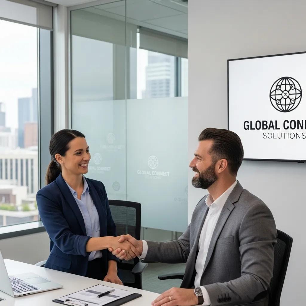 Franchisee and franchisor representative shaking hands in a modern office