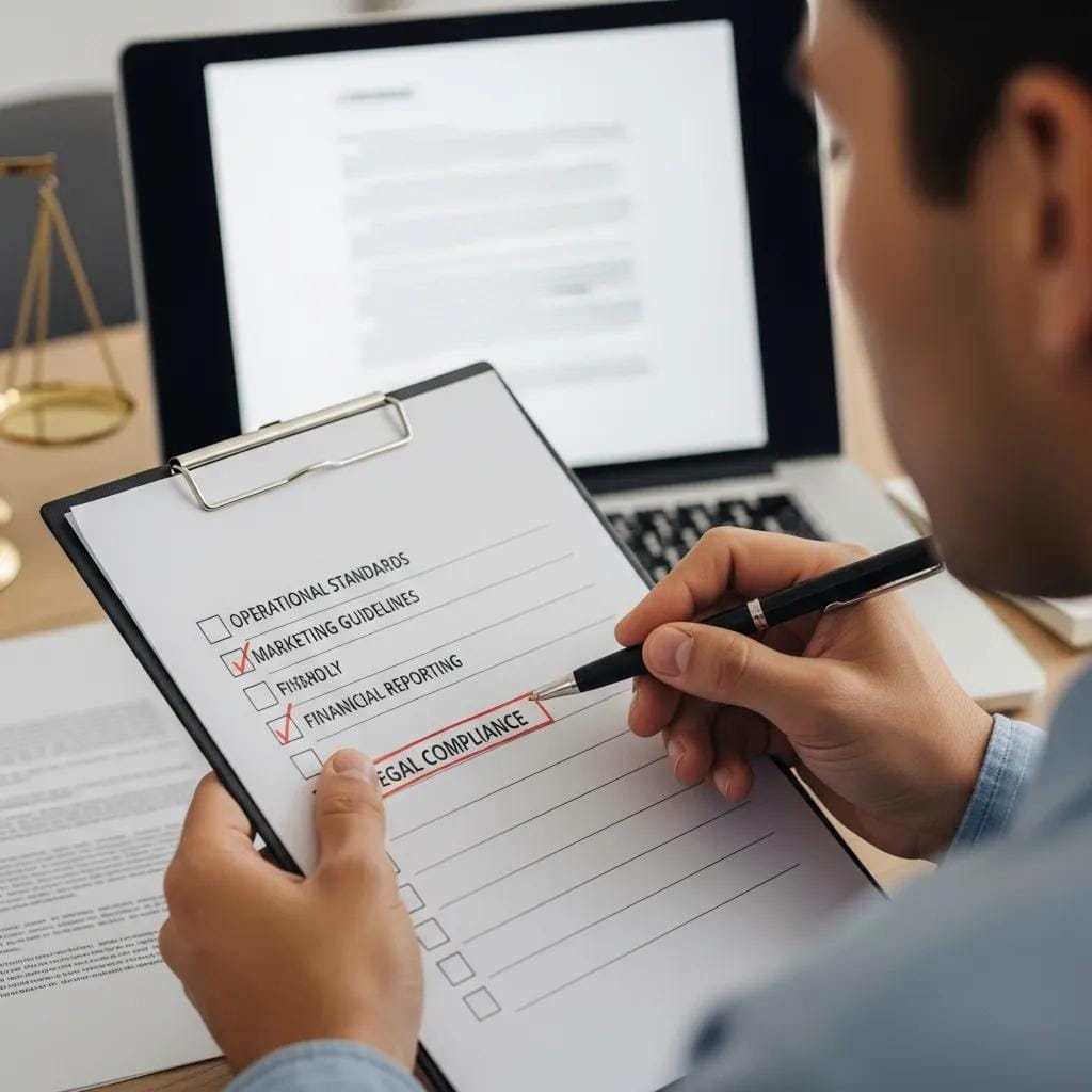 Franchisee reviewing a legal compliance checklist for Franchise Disclosure Document analysis