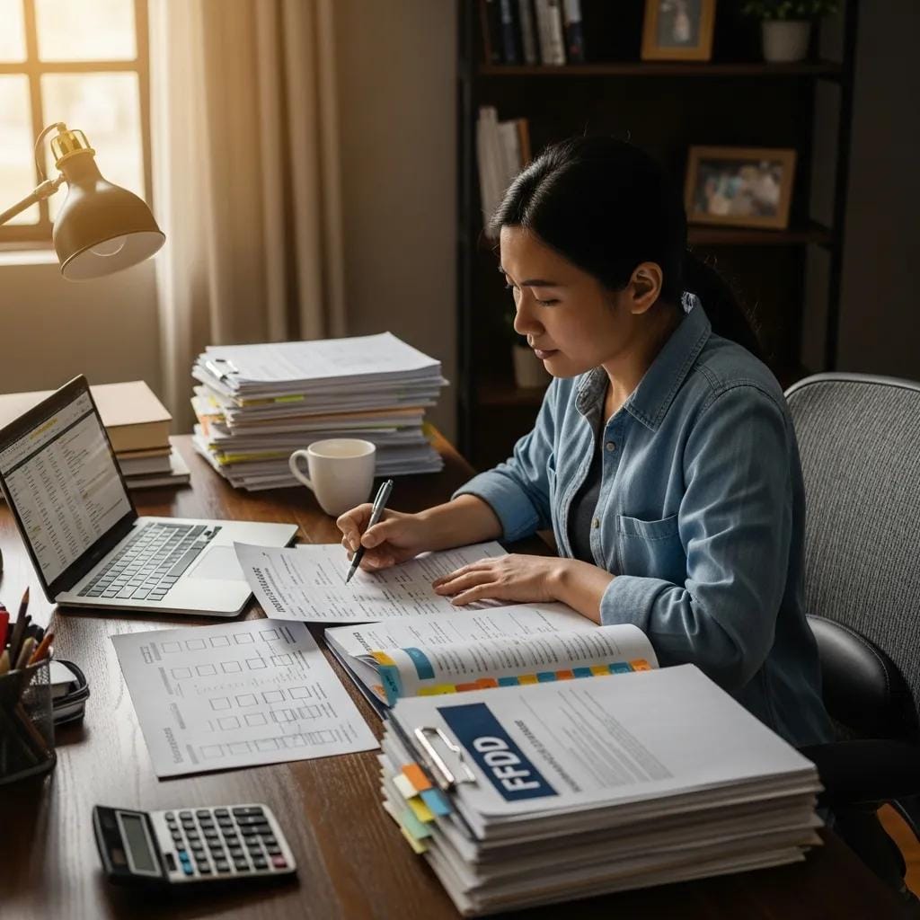 Franchisee reviewing documents and conducting due diligence at a home office desk