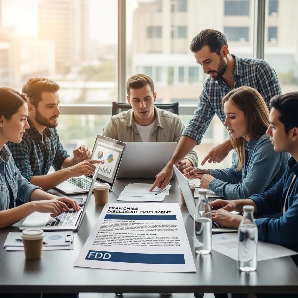 Group of aspiring franchisees reviewing a Franchise Disclosure Document in a collaborative office environment