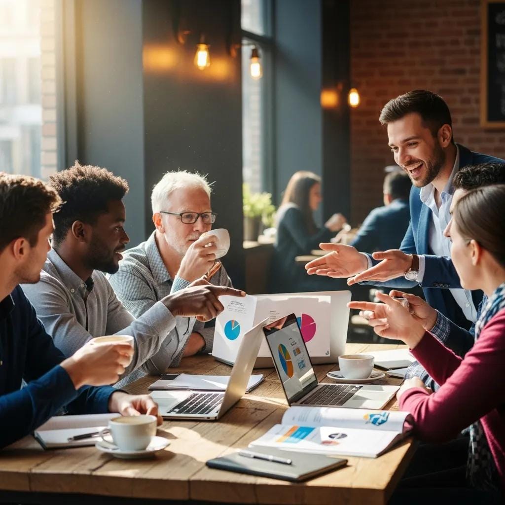Group of diverse entrepreneurs discussing micro-franchise opportunities in a cozy coffee shop