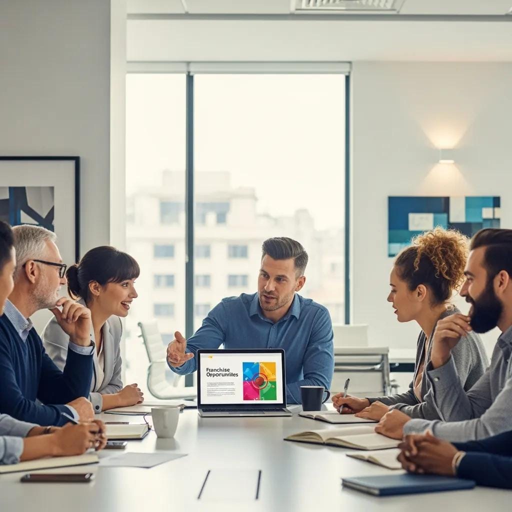 Professionals reviewing franchise opportunities in a modern office