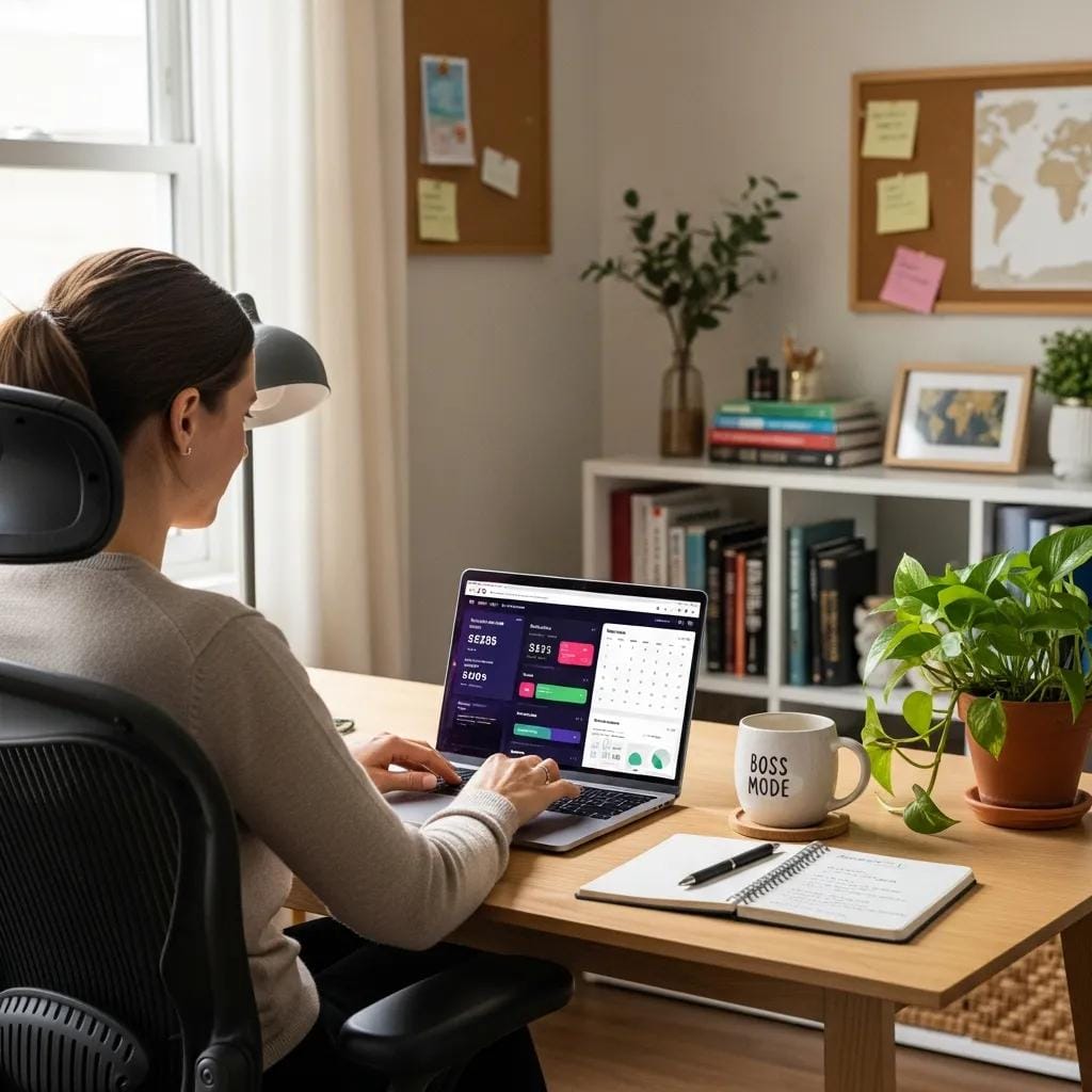 Person working from a tidy home office, running a home-based micro-franchise