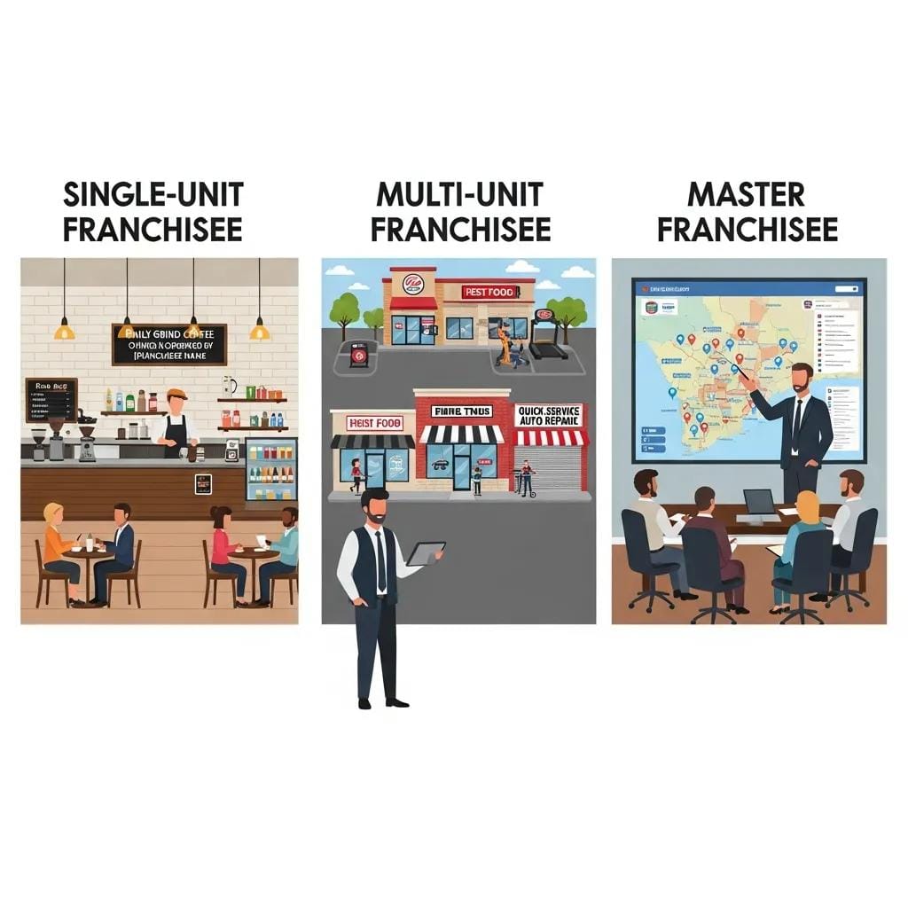 Graphic showing different franchisee roles — single-unit, multi-unit, developer, and master franchisee