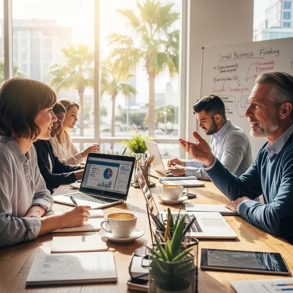 Local entrepreneurs engaged in a mentorship meeting in a modern Tampa co-working space, discussing small business funding strategies with laptops and coffee on a wooden table.