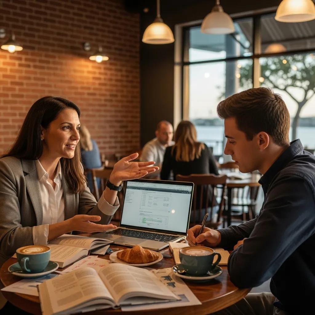 Mentor and mentee discussing business strategies in a cozy California coffee shop, emphasizing mentorship