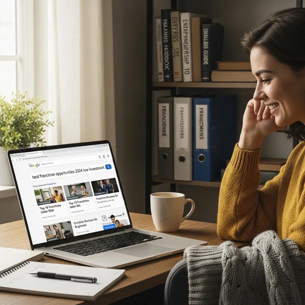 Person researching franchise opportunities using Google in a cozy home office