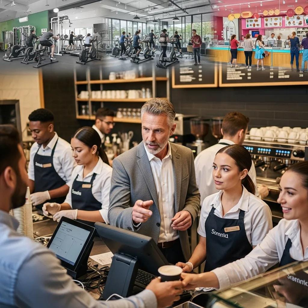 Seasoned owner supervising multiple franchise locations and staff