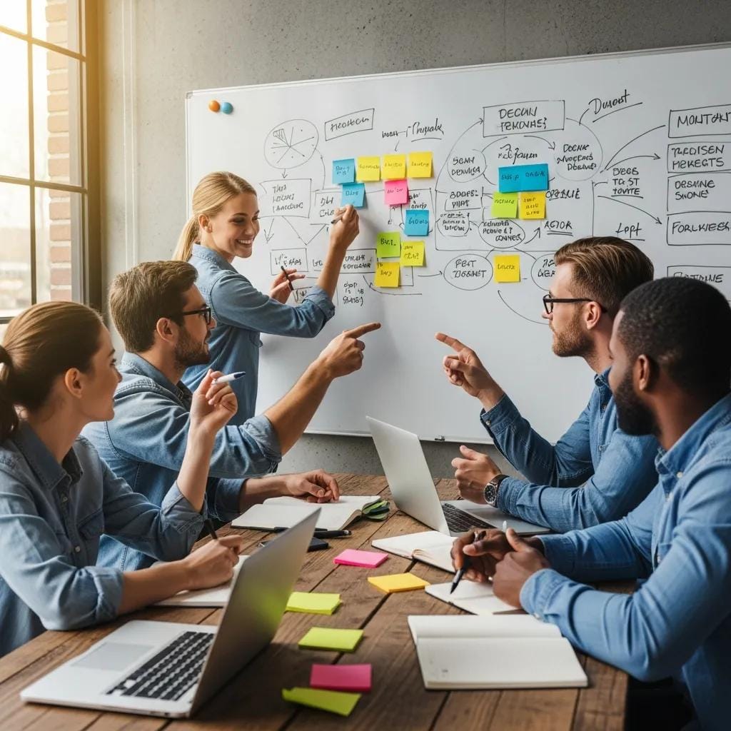 Team planning on a whiteboard, illustrating resilience, quick recovery, and strategic adaptation