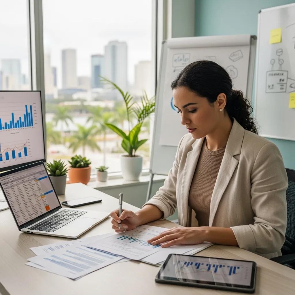 Tampa entrepreneur reviewing SBA loan documents and financial charts in a bright office setting, emphasizing franchise funding options.