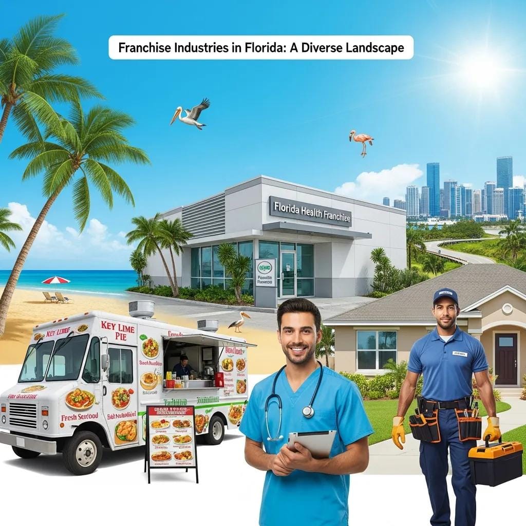 Icons representing food, healthcare, and home services franchise sectors in Florida