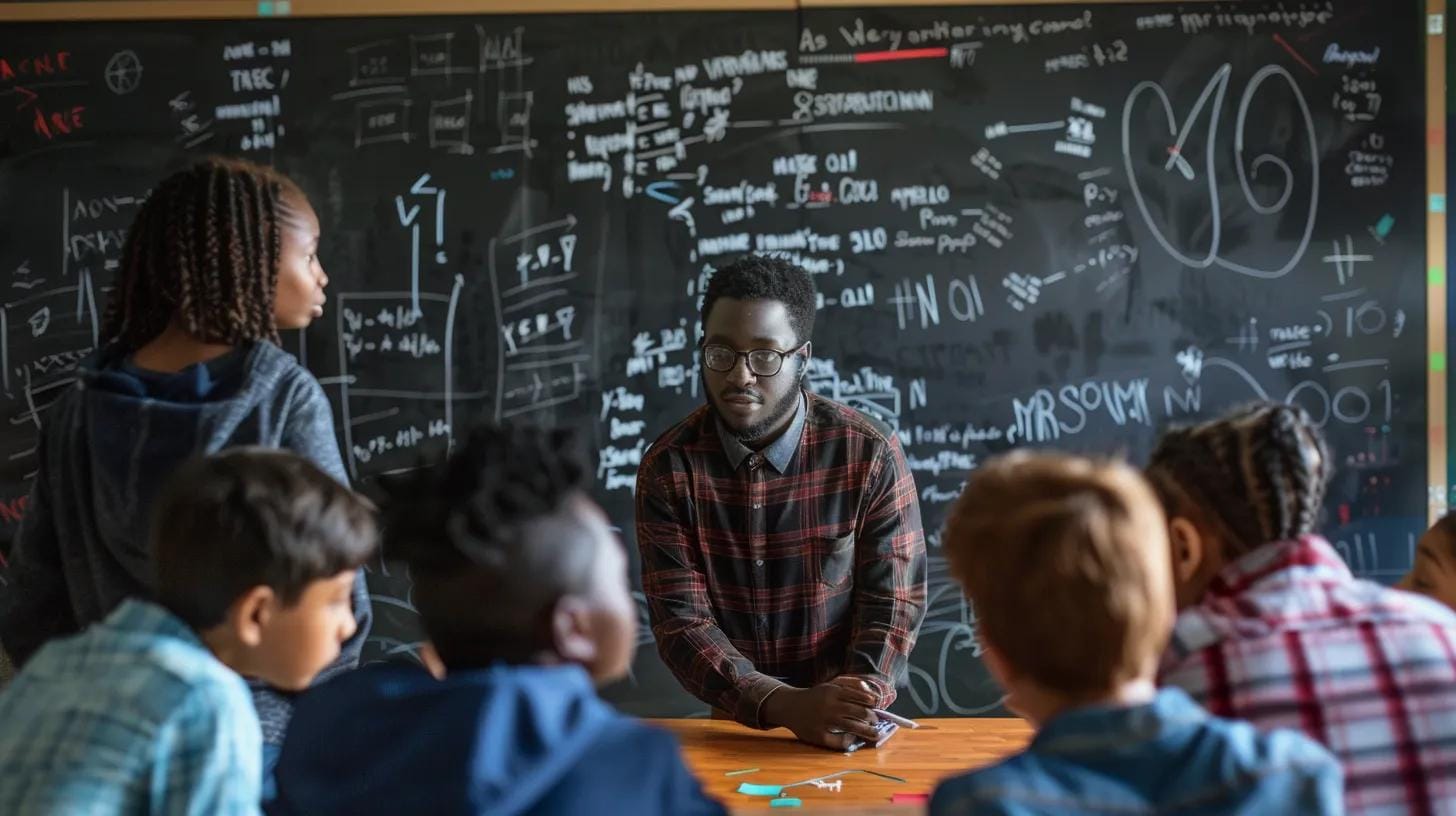 an image of 6 8th grade students being tutored for math at a tutoring center, with a tutor in front of a black board