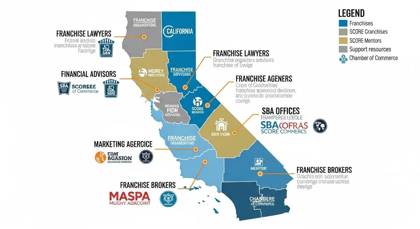 Map of California highlighting franchise organizations, financial advisors, marketing agencies, and support resources for entrepreneurs, illustrating the state's franchise ecosystem and business development framework.