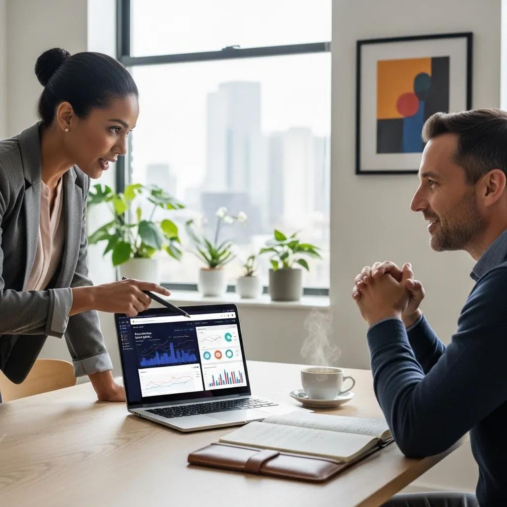 Business consultant presenting B2B solutions on a laptop to a small business owner in an office setting, with charts and graphs visible, highlighting franchise consulting and business services.