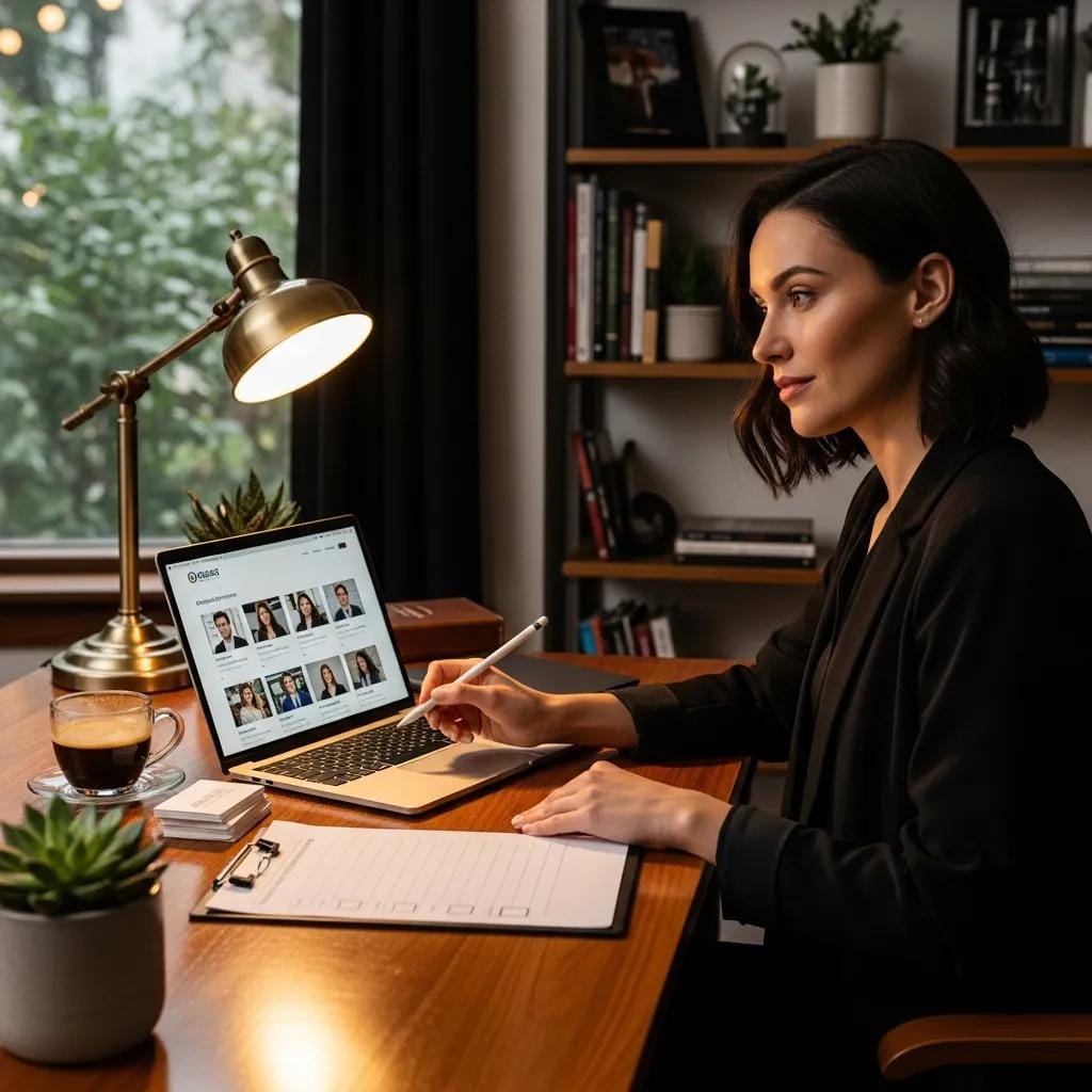 Woman reviewing franchise consultant profiles on a laptop, taking notes with a stylus, coffee cup and clipboard on a desk, emphasizing the selection process for franchise consulting services.
