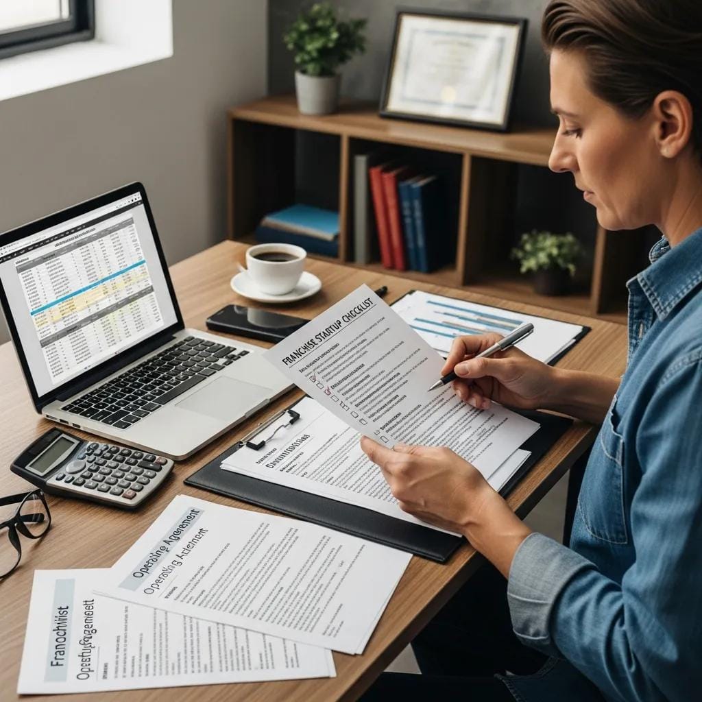 Business owner reviewing franchise startup costs and legal requirements