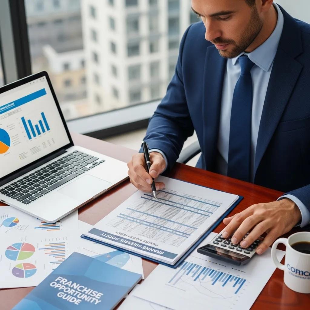 Business professional analyzing financial documents related to franchise investments