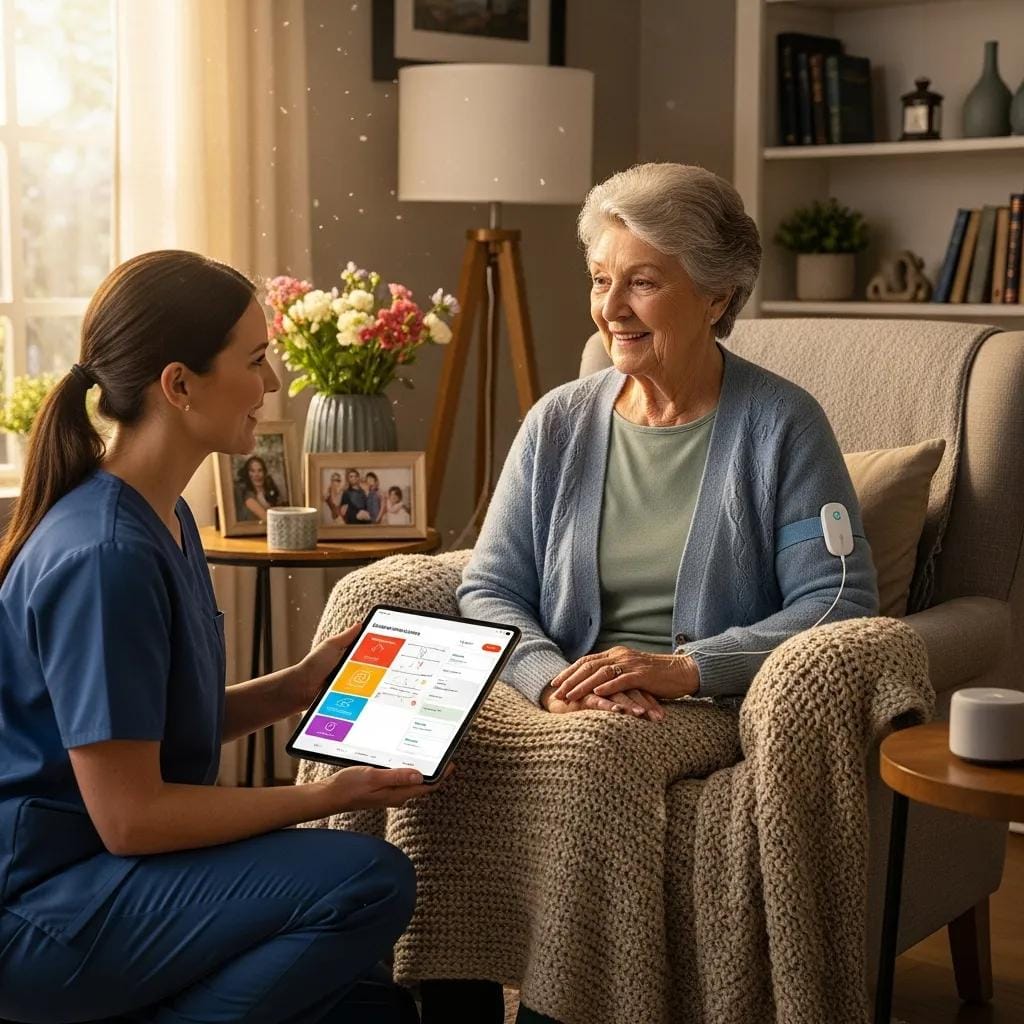 Caregiver assisting an older adult at home, showing personalized care and technology in use