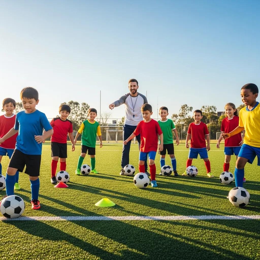 Children participating in a soccer training session, emphasizing teamwork and skill development