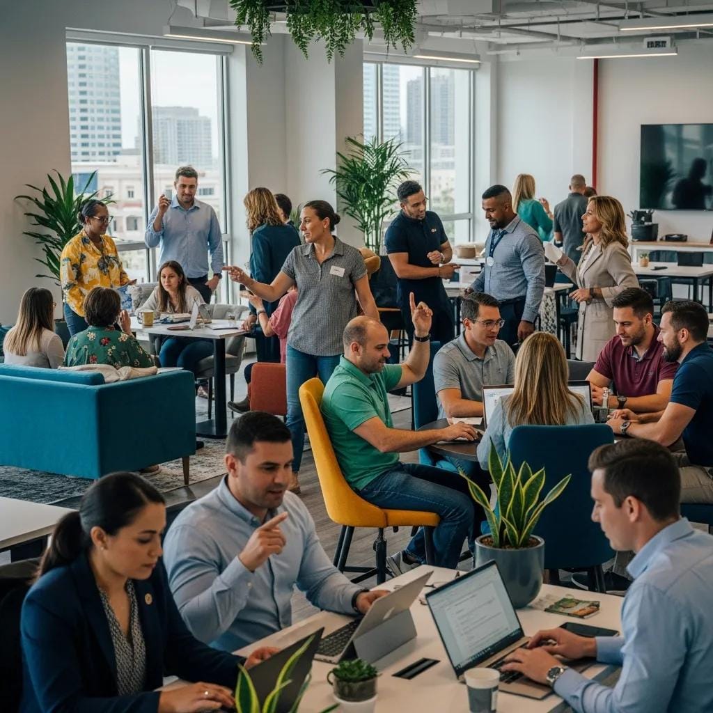 Diverse group of entrepreneurs collaborating in a Tampa Bay co-working space, engaging in discussions and working on laptops, illustrating the supportive California franchise community and networking opportunities.