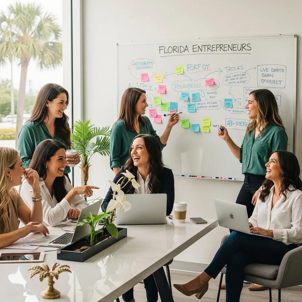 Diverse group of women entrepreneurs collaborating in a modern office, representing women-owned franchises in Florida