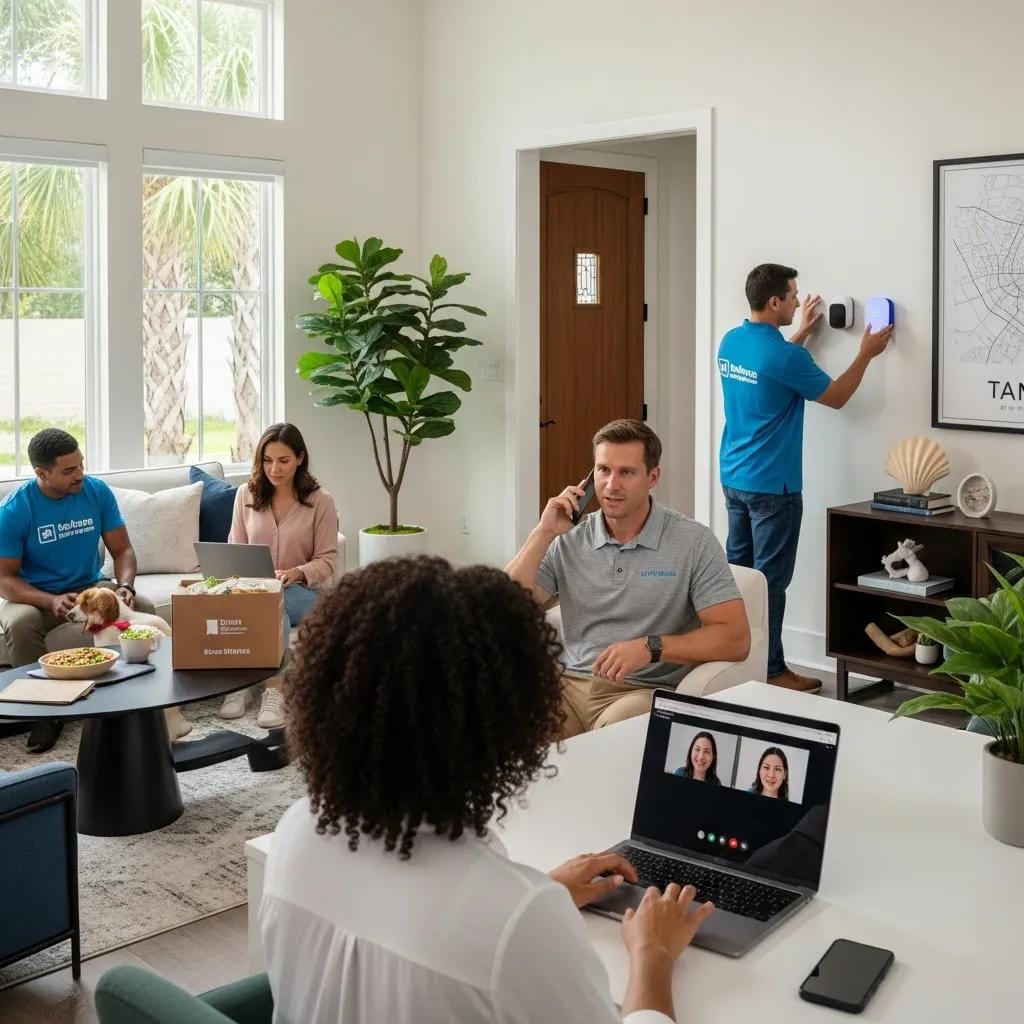 Diverse individuals collaborating in a modern living space, highlighting remote work, virtual services, and home-based franchise opportunities in Tampa, with a focus on convenience and technology.