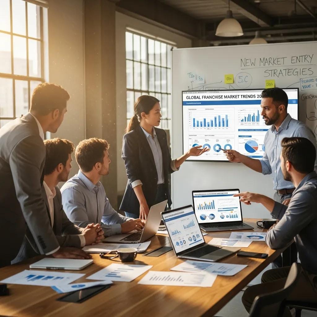 Diverse professionals collaborating on business services franchise opportunities in a modern office