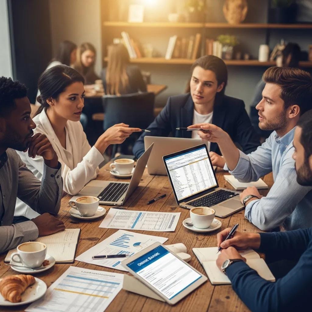 Group of entrepreneurs discussing financing options for franchise investments at a cafe table, with laptops, documents, and coffee cups present.