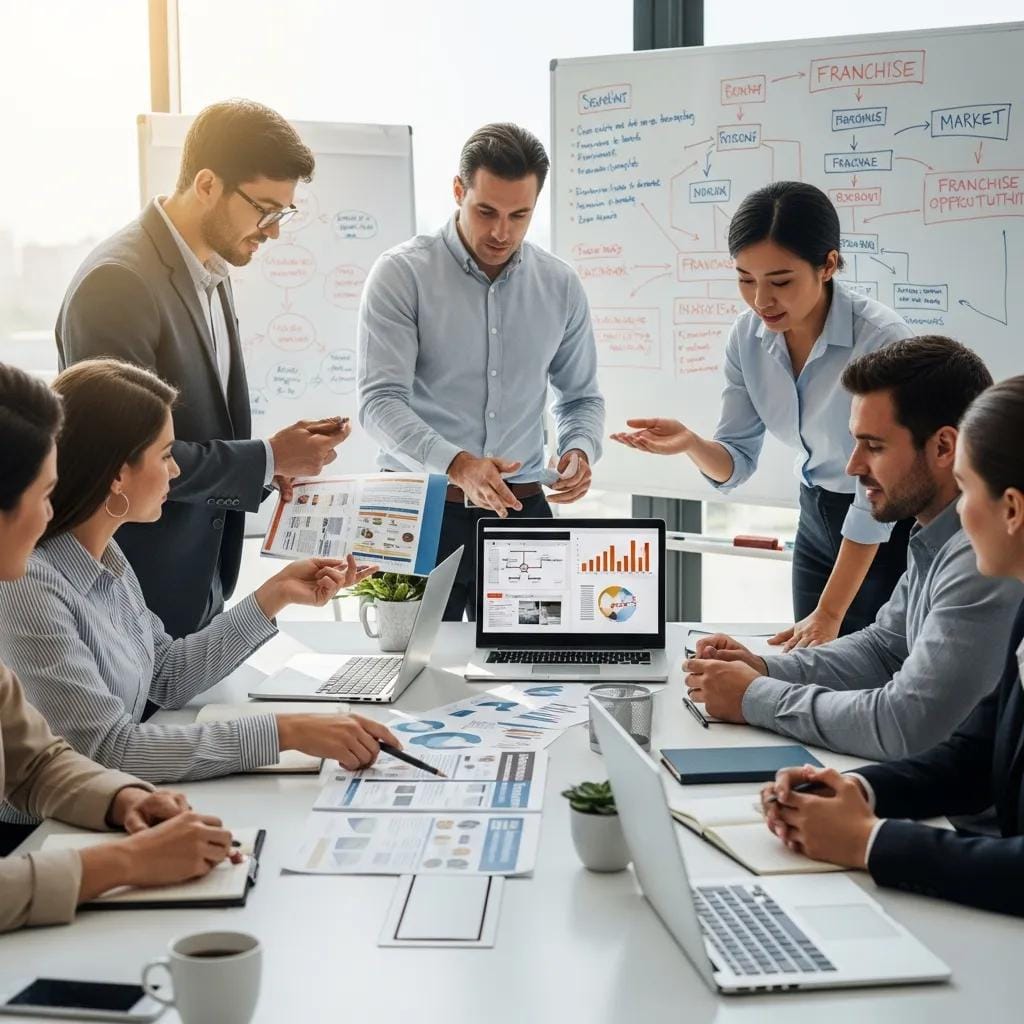 Group of entrepreneurs discussing franchise opportunities in a modern office, analyzing charts and documents on laptops and papers, emphasizing collaboration and strategic planning for franchise investment.