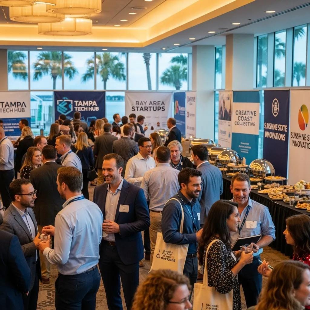Entrepreneurs networking at a Tampa Bay business meetup, featuring attendees engaging in conversation, promotional banners for local startups, and a buffet setup, highlighting community collaboration and support for business growth.