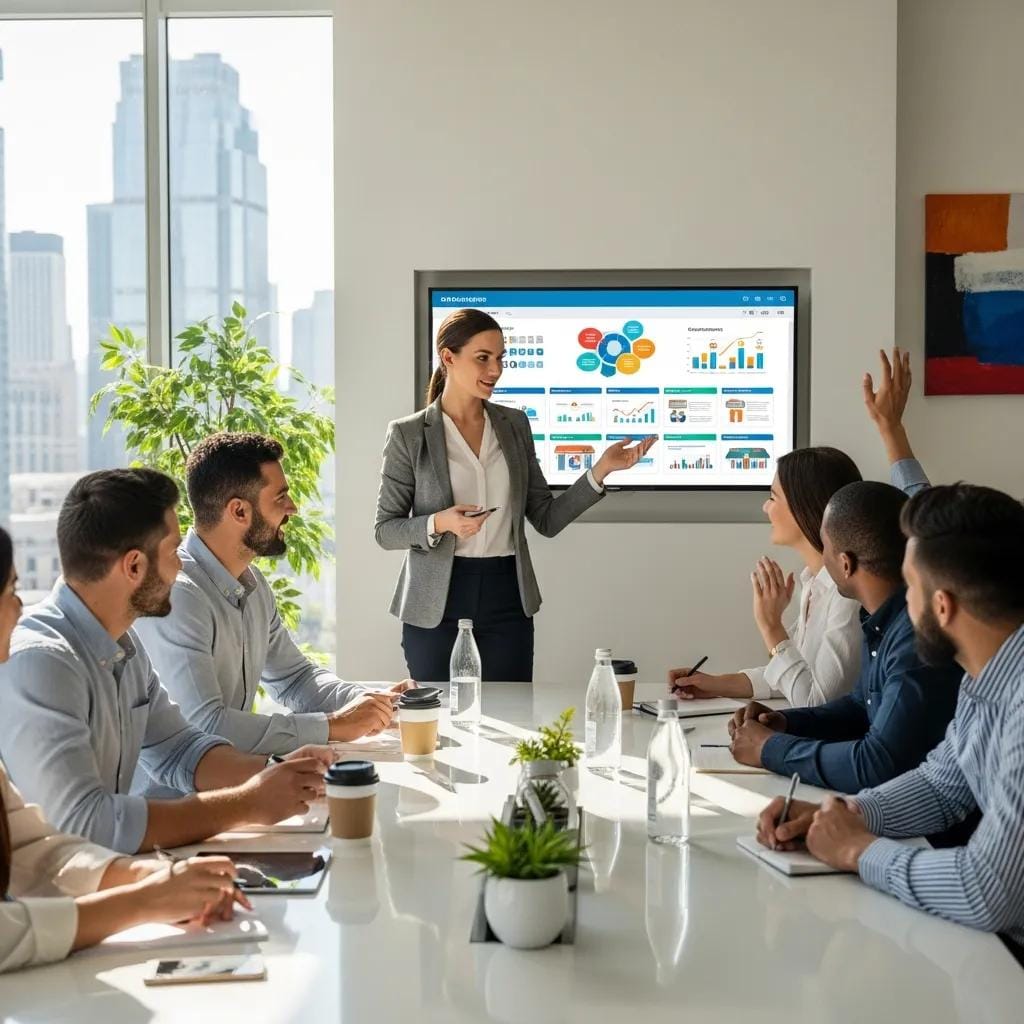 franchise-consultant-discussing-opportunities-with-aspiring-business-owners-in-a-modern-office-2757ed67-5688-4b7f-a9cc-0a2e97ea4b56.webp Franchise consultant presenting business opportunities to aspiring franchise owners in a modern office setting, with a focus on charts and data displayed on a screen.