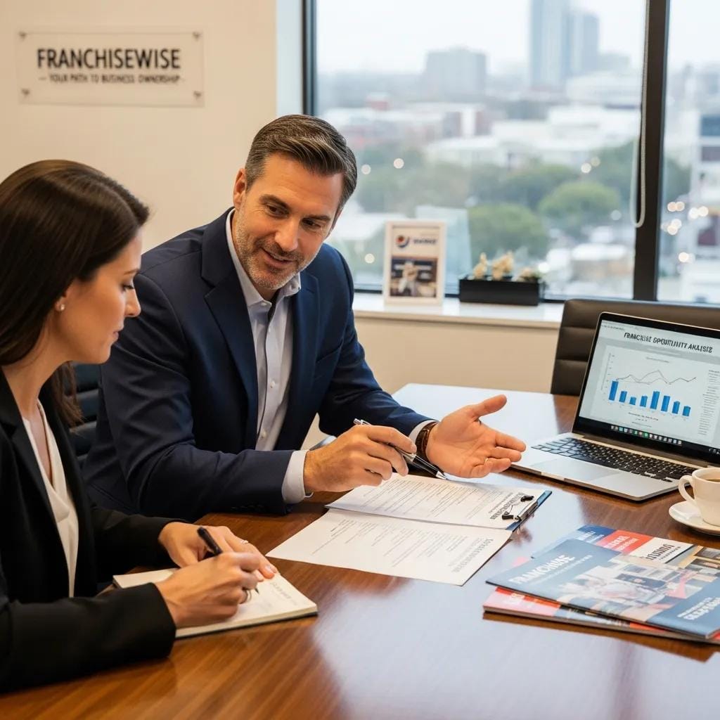 Franchise consultant explaining benefits to a client in an office, discussing franchise opportunities with documents and a laptop displaying financial analysis.