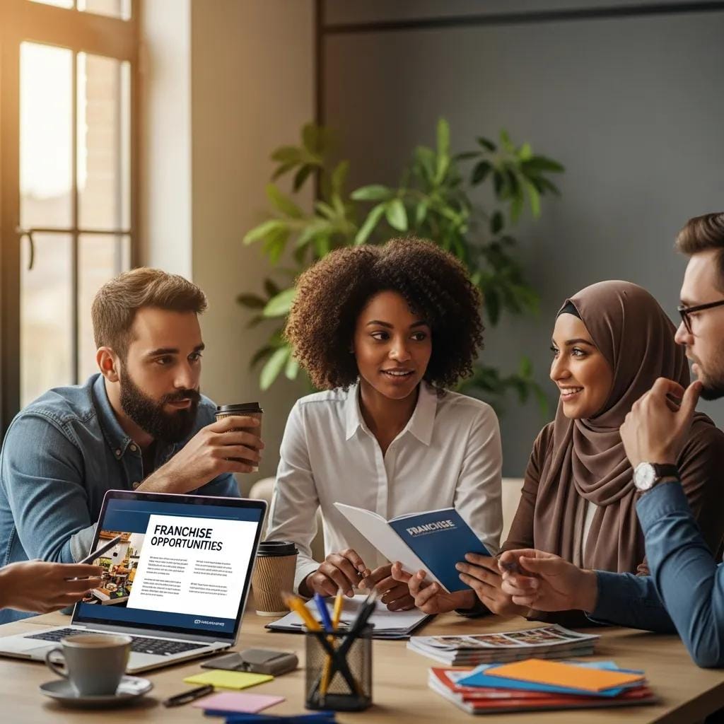 Group of diverse individuals discussing franchise ownership in a modern office