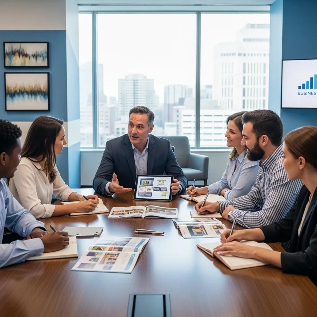 group-of-entrepreneurs-consulting-with-a-franchise-expert-in-a-modern-office-7f97e55f-5482-43e9-8089-757f6e9e14f9.webp Group of entrepreneurs consulting with a franchise expert in a modern office, discussing franchise opportunities and strategies, showcasing business materials and a tablet presentation.