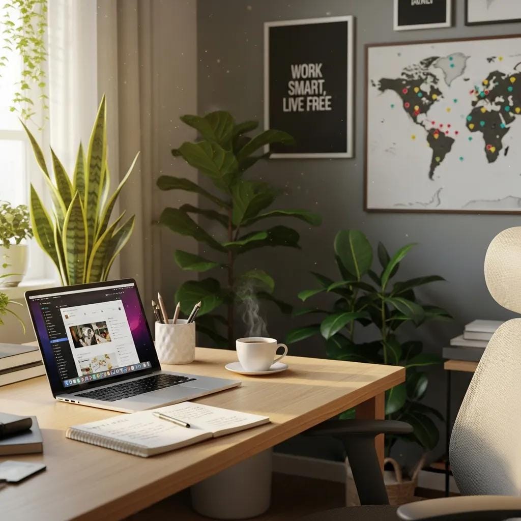 Cozy home office setup featuring a laptop, notebook, and coffee cup, surrounded by plants, symbolizing home-based franchise opportunities in Tampa.