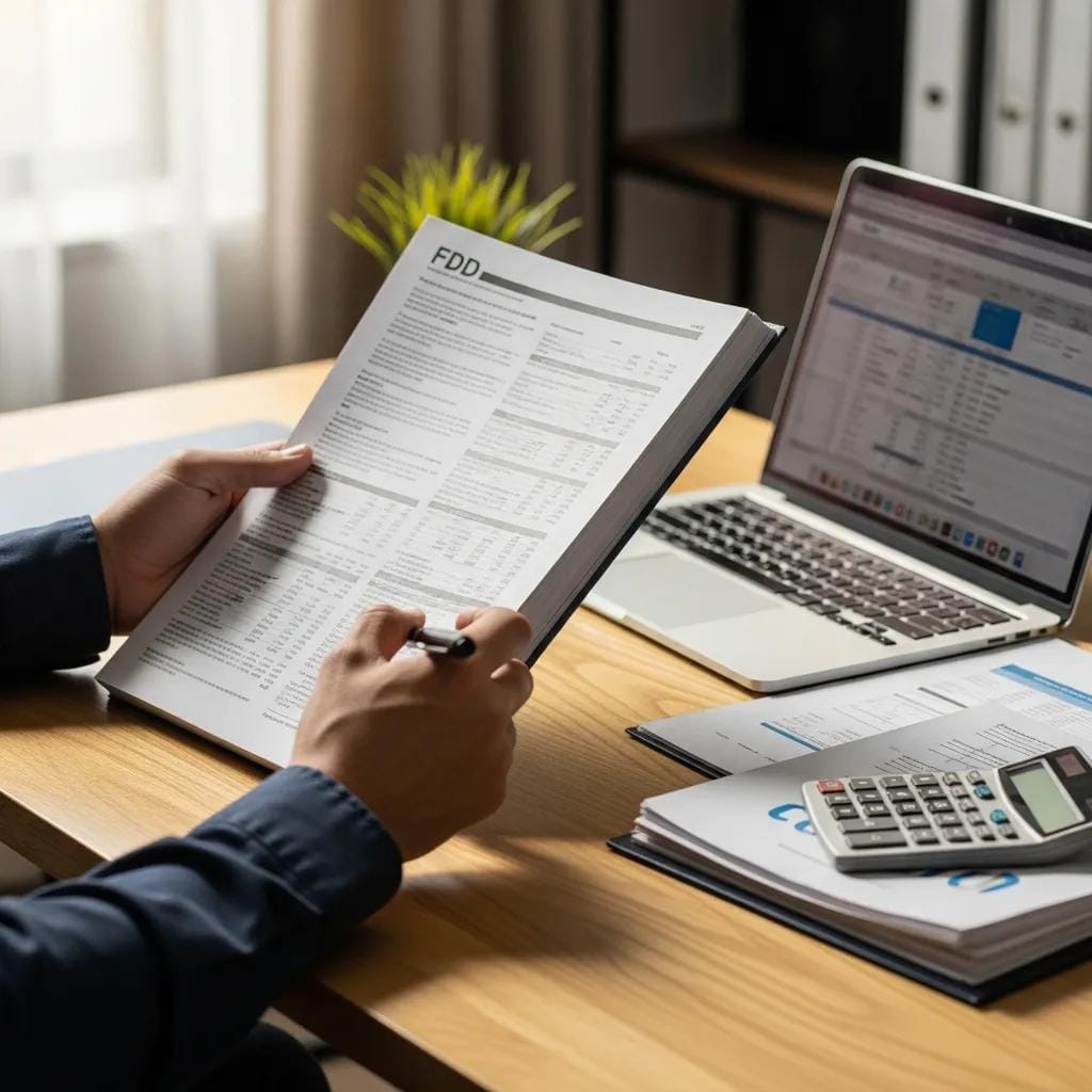 Individual reviewing Franchise Disclosure Document (FDD) with financial tools, laptop, and paperwork on desk, emphasizing franchise evaluation process.