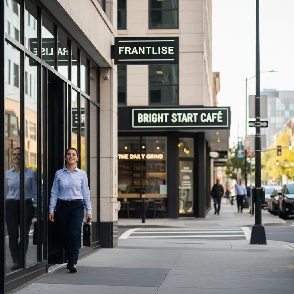 Individual transitioning from corporate job to franchise ownership, smiling while holding a briefcase, in front of a franchise location labeled "FRANTLISE" and a café called "BRIGHT START CAFÉ."