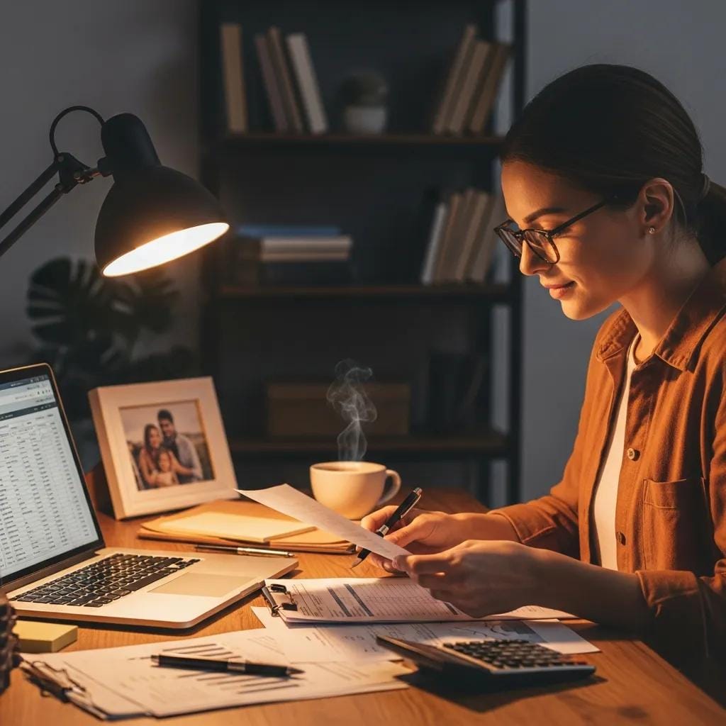 Woman reviewing financial documents at a desk with a laptop, coffee cup, and stationery, emphasizing franchise investment analysis in a home office setting.