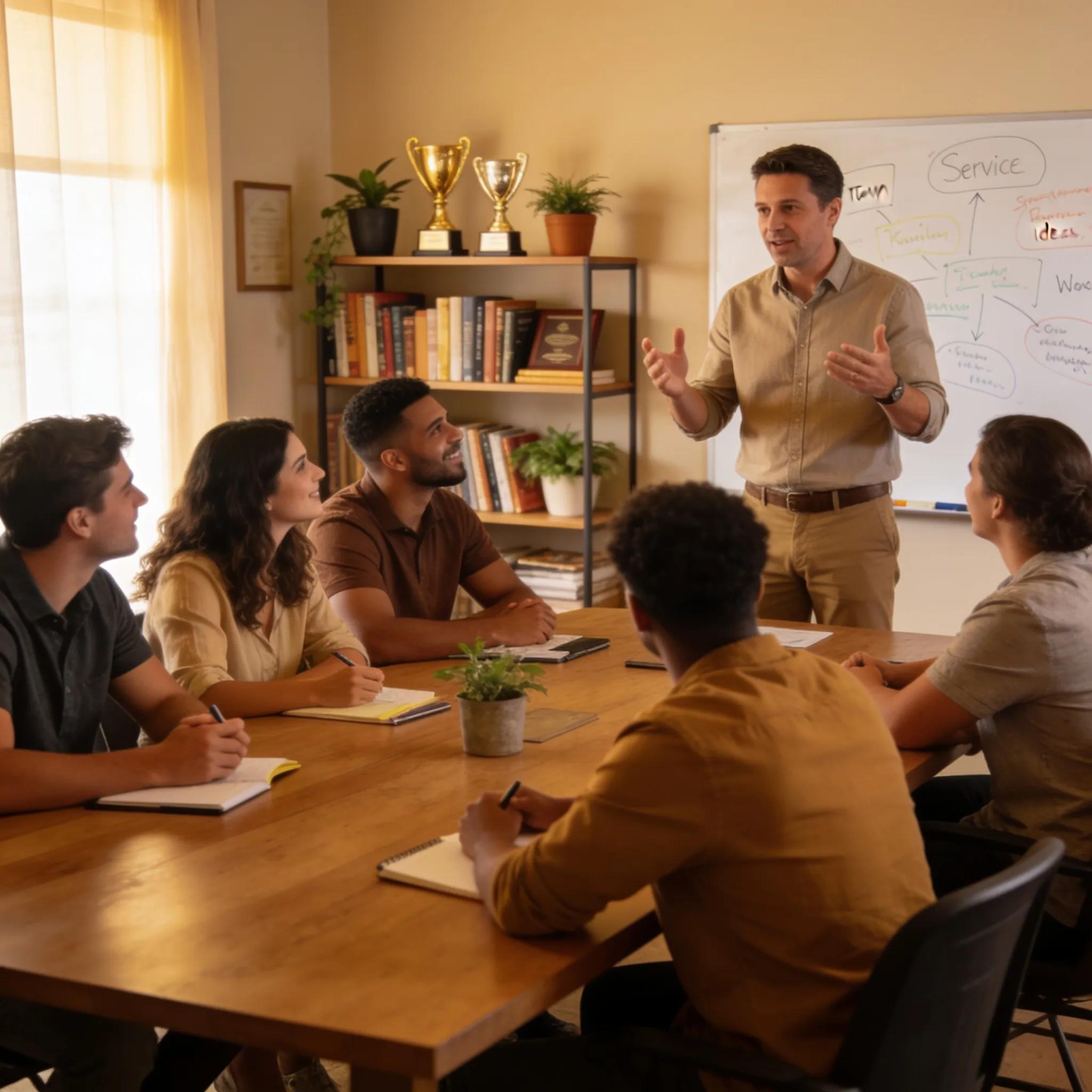 Franchise owner training staff on service upgrades to increase sales