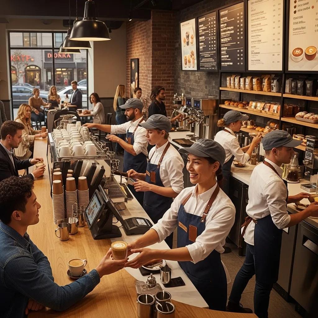 Staff serving customers inside a busy franchise location