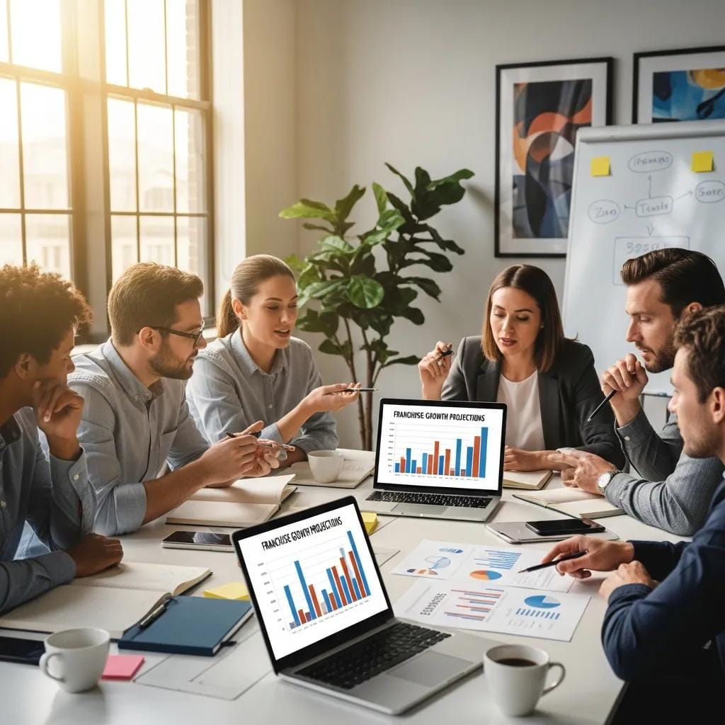 Entrepreneurs discussing franchise opportunities in a modern office setting