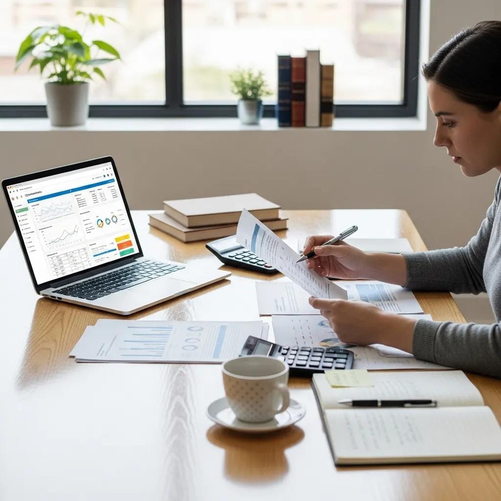 Person reviewing financial documents and planning franchise expenses at a tidy home desk