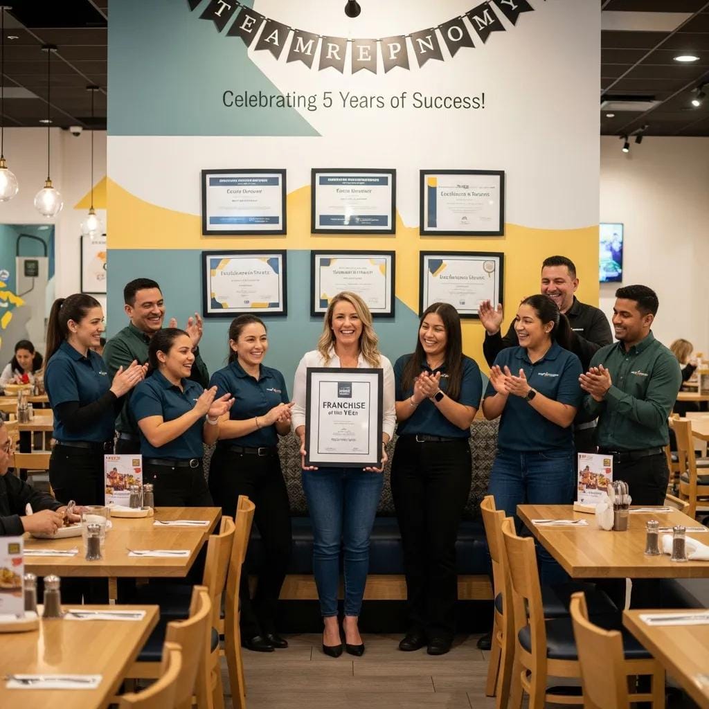 Franchise owner and team celebrating a successful opening inside a well‑run location
